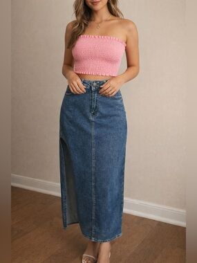 NWT VIP Jeans SZ L blue denim 5-pocket sculpting stretch maxi skirt waist 30”-34